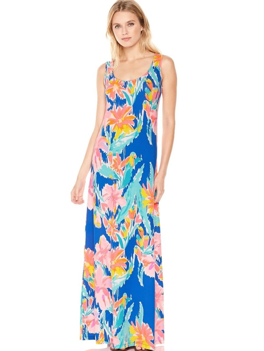 Blue Floral Maxi Dress with Pink & Yellow Blooms